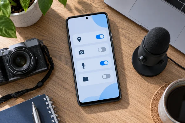 Téléphone illustrant les autorisations de caméra, de microphone et de localisation