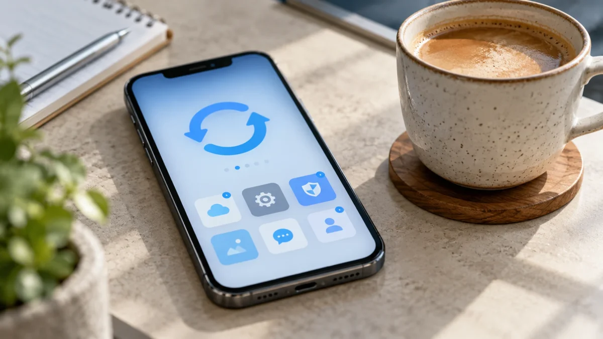 Téléphone avec icônes abstraites d’applications et flèches de mise à jour
