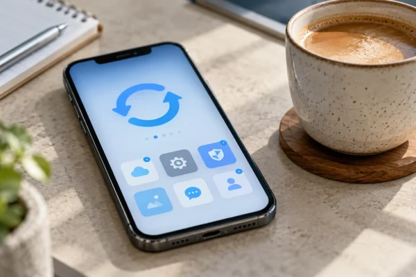 Téléphone avec icônes abstraites d’applications et flèches de mise à jour