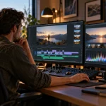 Poste de création avec écran et accessoires audio