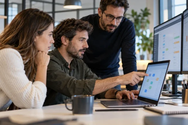 Une équipe examine un processus métier automatisé dans un bureau.