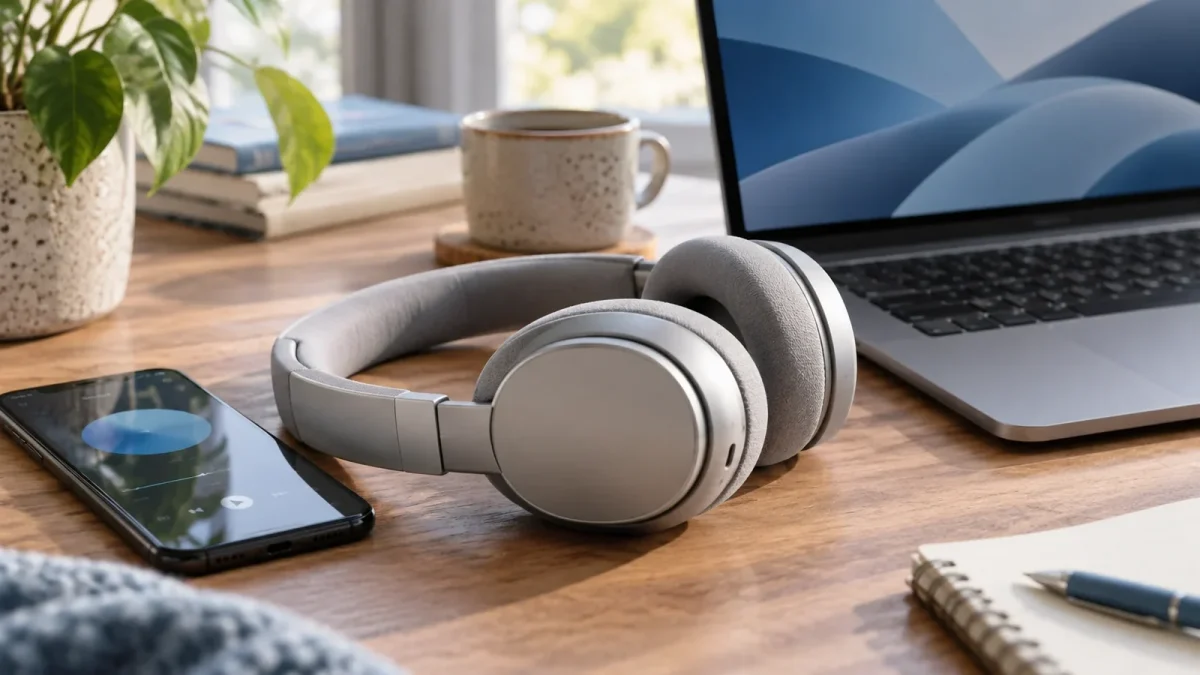 Casque sans fil entre un ordinateur portable et un smartphone