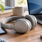 Casque sans fil entre un ordinateur portable et un smartphone