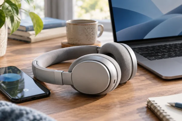 Casque sans fil entre un ordinateur portable et un smartphone