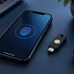 Téléphone avec empreinte stylisée et petite clé de sécurité physique