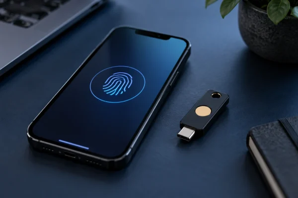 Téléphone avec empreinte stylisée et petite clé de sécurité physique