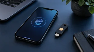 Téléphone avec empreinte stylisée et petite clé de sécurité physique
