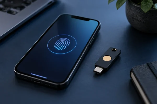 Téléphone avec empreinte stylisée et petite clé de sécurité physique