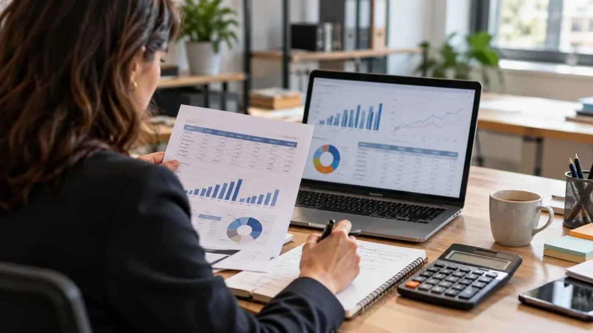 Une analyste examine un budget de projet CRM avec un ordinateur et une calculatrice.