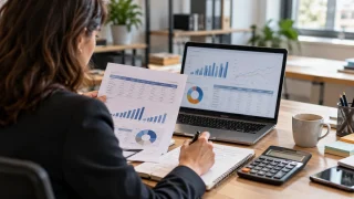 Une analyste examine un budget de projet CRM avec un ordinateur et une calculatrice.