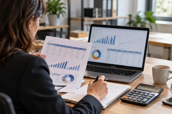 Une analyste examine un budget de projet CRM avec un ordinateur et une calculatrice.