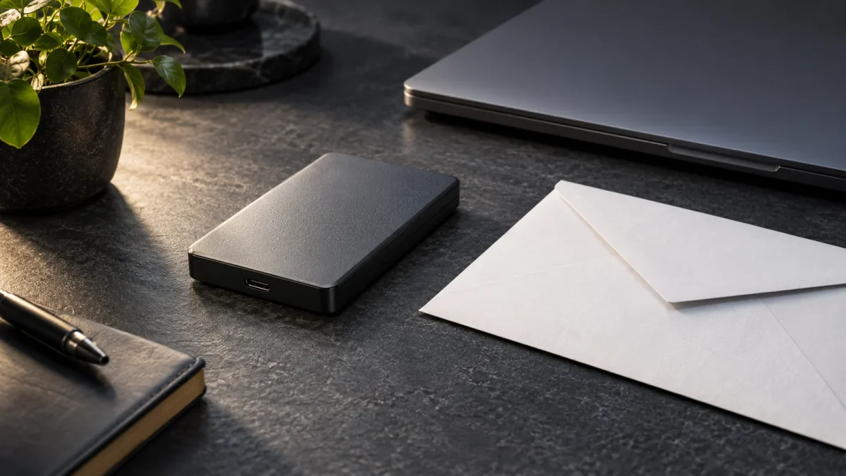 Disque externe et enveloppe fermée sur un bureau, évoquant la préparation de données personnelles.