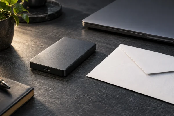 Disque externe et enveloppe fermée sur un bureau, évoquant la préparation de données personnelles.