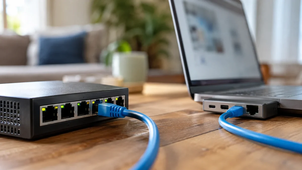 Illustration : Prises Ethernet et câble réseau en gros plan