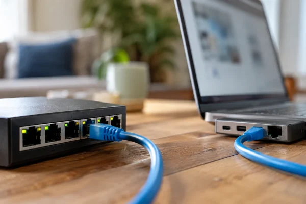 Illustration : Prises Ethernet et câble réseau en gros plan
