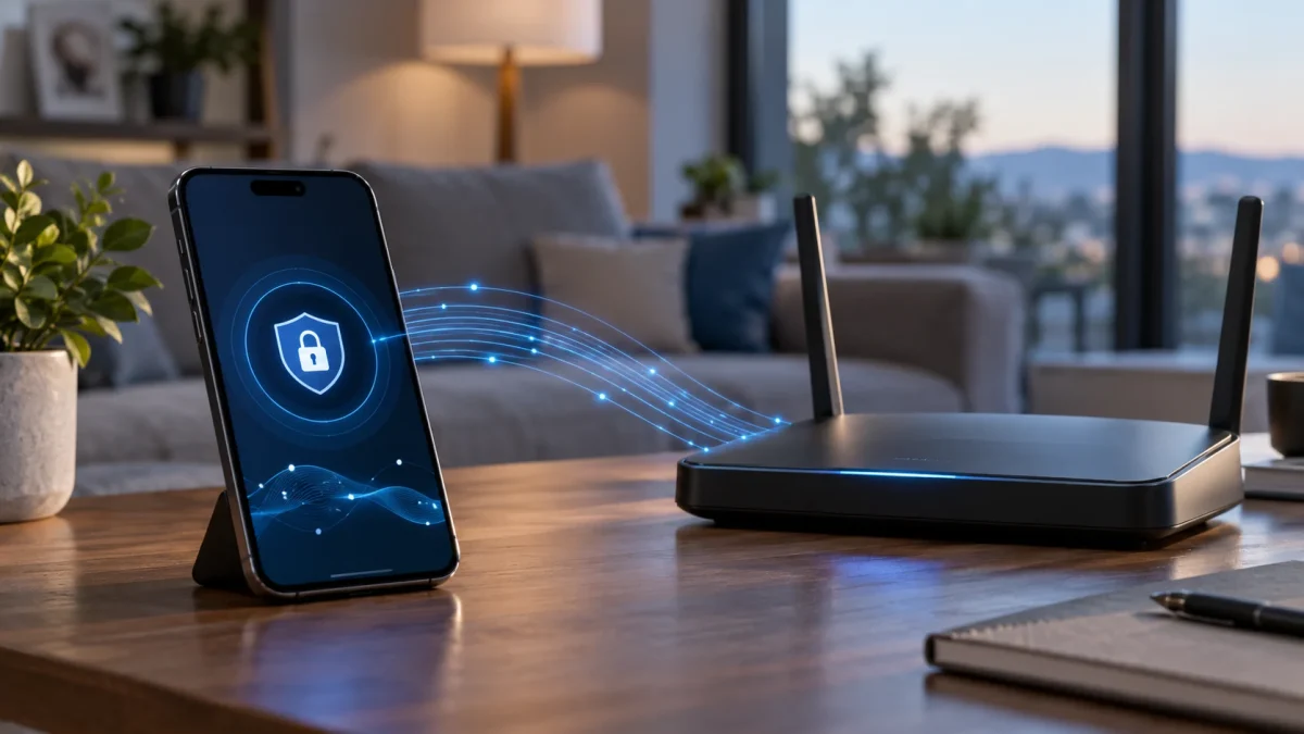 Téléphone et routeur illustrant la protection des requêtes réseau