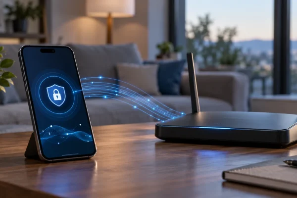Téléphone et routeur illustrant la protection des requêtes réseau