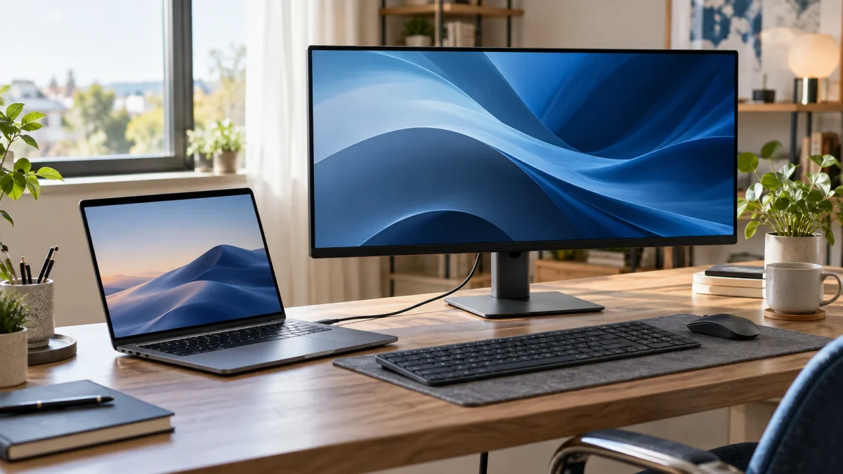 Bureau avec portable connecté à un moniteur par un câble USB-C