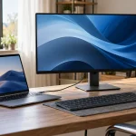 Bureau avec portable connecté à un moniteur par un câble USB-C