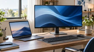 Bureau avec portable connecté à un moniteur par un câble USB-C