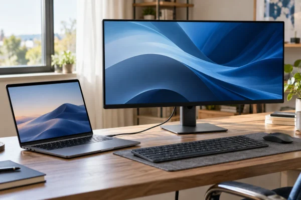 Bureau avec portable connecté à un moniteur par un câble USB-C