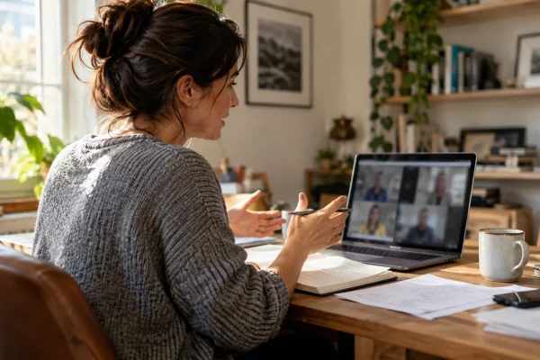 Illustration : Visioconférence dans un bureau domestique