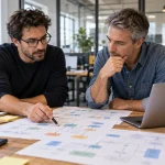 Deux spécialistes examinent des schémas de connexions entre applications métier.