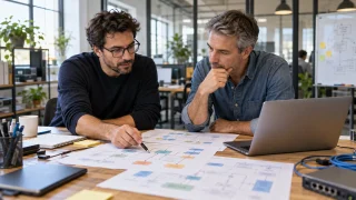 Deux spécialistes examinent des schémas de connexions entre applications métier.