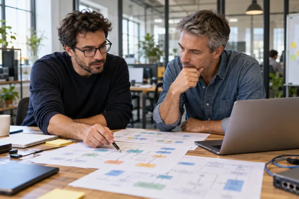 Deux spécialistes examinent des schémas de connexions entre applications métier.