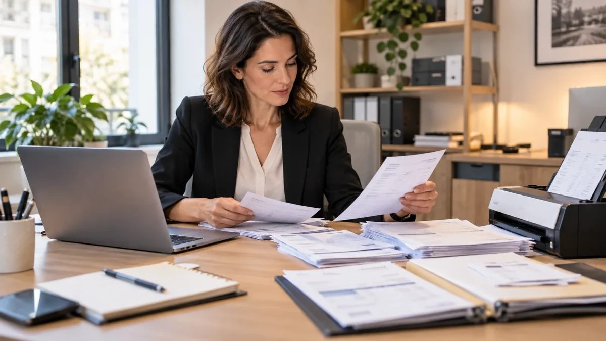 Une comptable examine des factures à côté d’un ordinateur et d’un scanner.