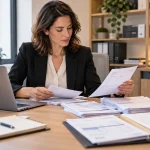 Une comptable examine des factures à côté d’un ordinateur et d’un scanner.