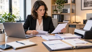 Une comptable examine des factures à côté d’un ordinateur et d’un scanner.