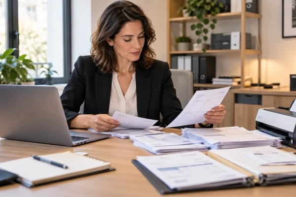 Une comptable examine des factures à côté d’un ordinateur et d’un scanner.