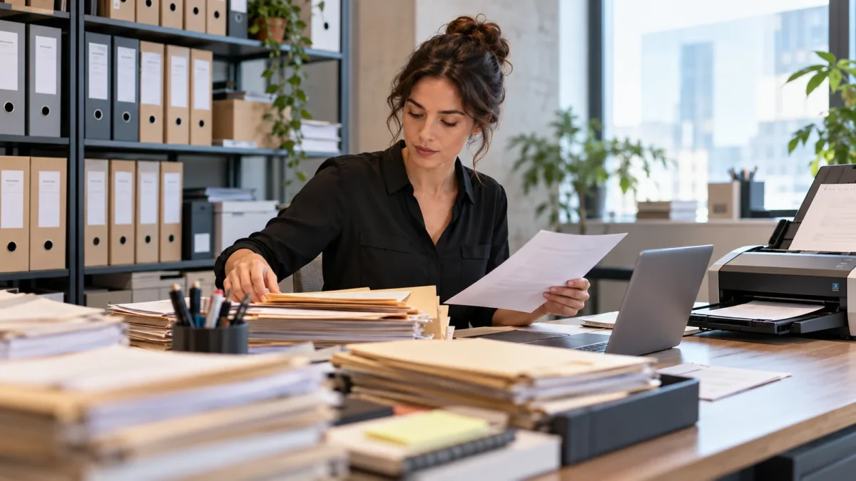 Une responsable classe des dossiers dans un espace de gestion documentaire.