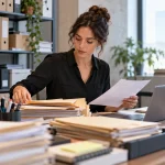 Une responsable classe des dossiers dans un espace de gestion documentaire.