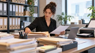 Une responsable classe des dossiers dans un espace de gestion documentaire.
