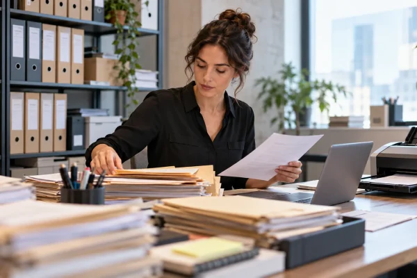 Une responsable classe des dossiers dans un espace de gestion documentaire.