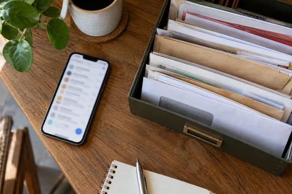 Illustration : Téléphone près d’un rangement de courrier