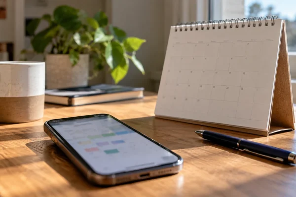 Illustration : Téléphone et calendrier sur un bureau