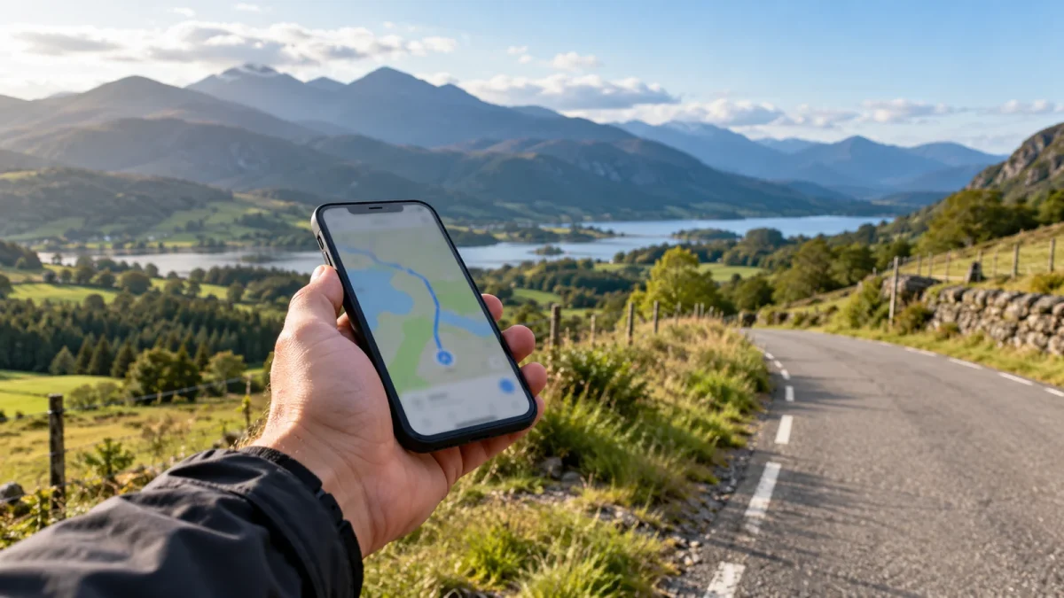 Téléphone utilisé à l’arrêt sur une route de campagne avec des montagnes en arrière-plan.