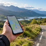 Téléphone utilisé à l’arrêt sur une route de campagne avec des montagnes en arrière-plan.