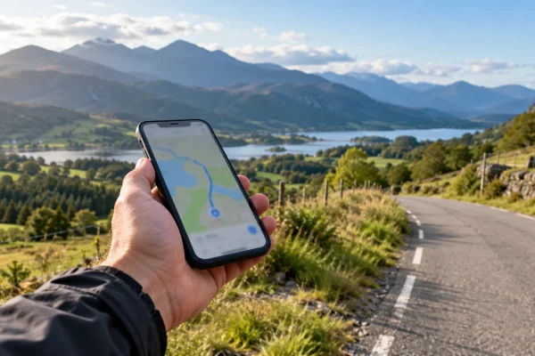 Téléphone utilisé à l’arrêt sur une route de campagne avec des montagnes en arrière-plan.