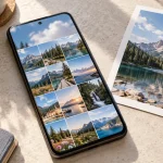 Téléphone présentant une photothèque à côté d’une photographie imprimée
