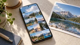Téléphone présentant une photothèque à côté d’une photographie imprimée