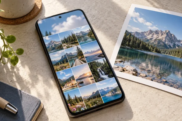 Téléphone présentant une photothèque à côté d’une photographie imprimée