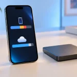 Téléphone et disque externe illustrant le stockage local et le stockage dans le cloud