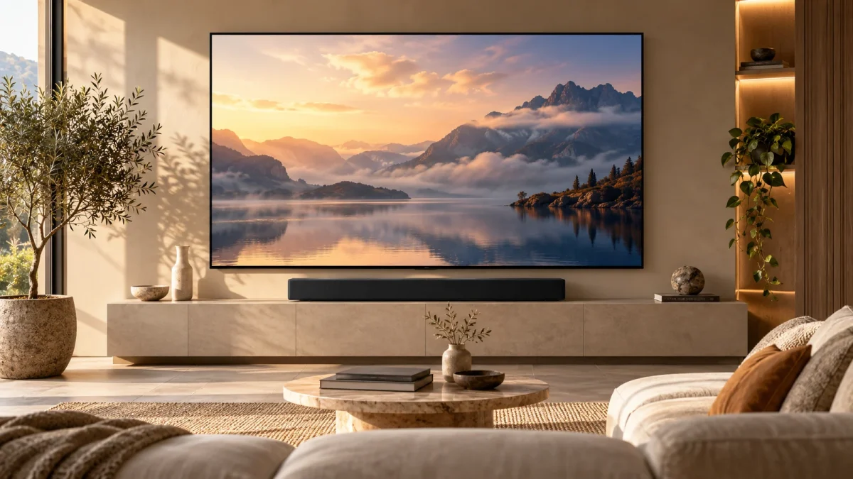 Téléviseur et barre de son dans un salon sobre, sans interface ni connecteurs représentés en détail.