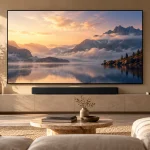 Téléviseur et barre de son dans un salon sobre, sans interface ni connecteurs représentés en détail.