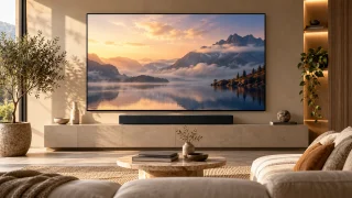 Téléviseur et barre de son dans un salon sobre, sans interface ni connecteurs représentés en détail.