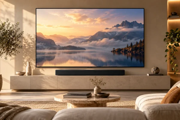 Téléviseur et barre de son dans un salon sobre, sans interface ni connecteurs représentés en détail.